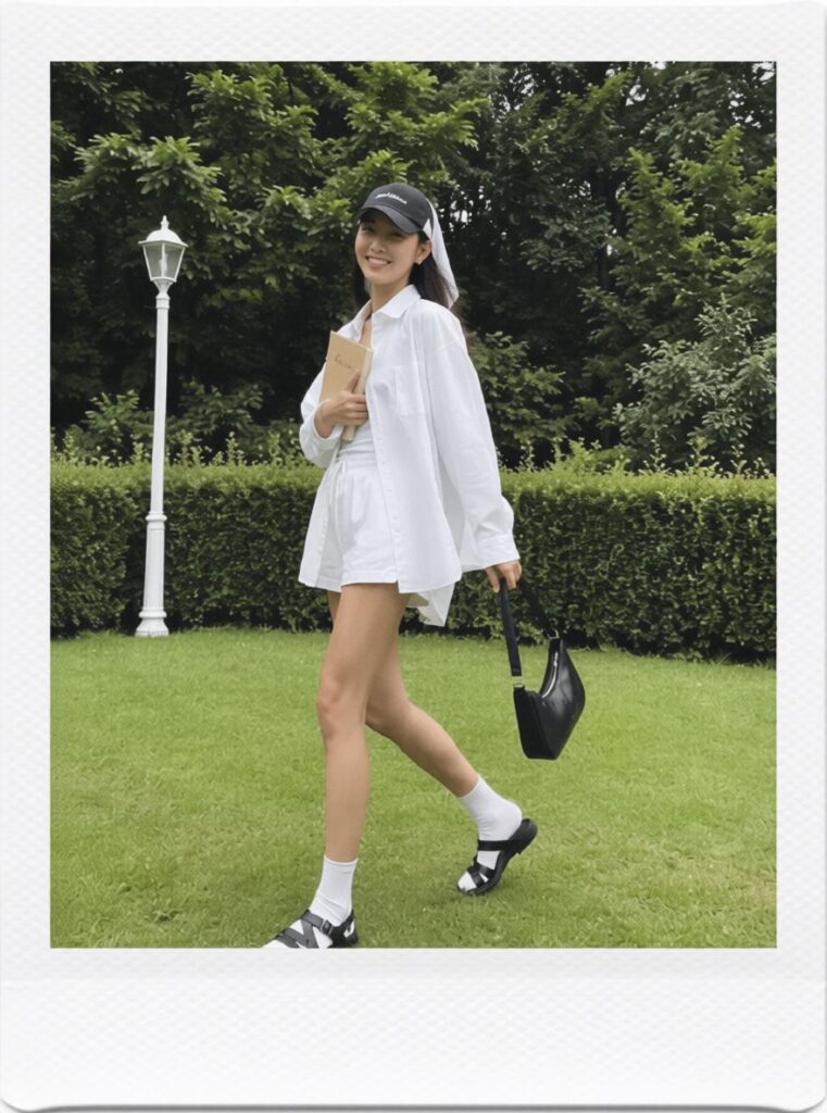 宝丽来8 – WeShop AI Blog Outdoor portrait of a woman in a white outfit converted into a clean Polaroid-style photo with a white border.