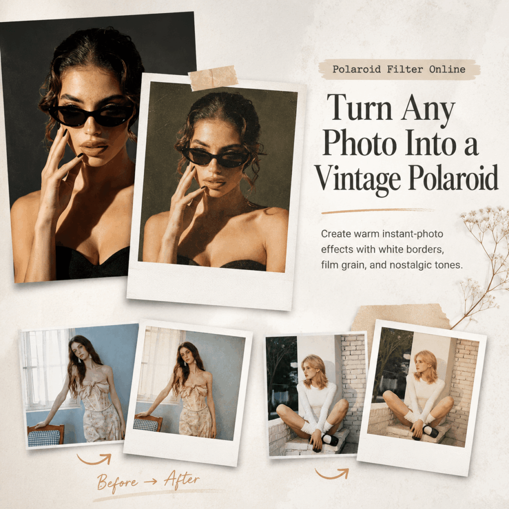 Turn Any Photo Into a Vintage Polaroid – WeShop AI Blog Polaroid Filter Online blog hero showing ordinary portraits transformed into vintage Polaroid-style photos with white borders, film grain, and warm nostalgic tones.