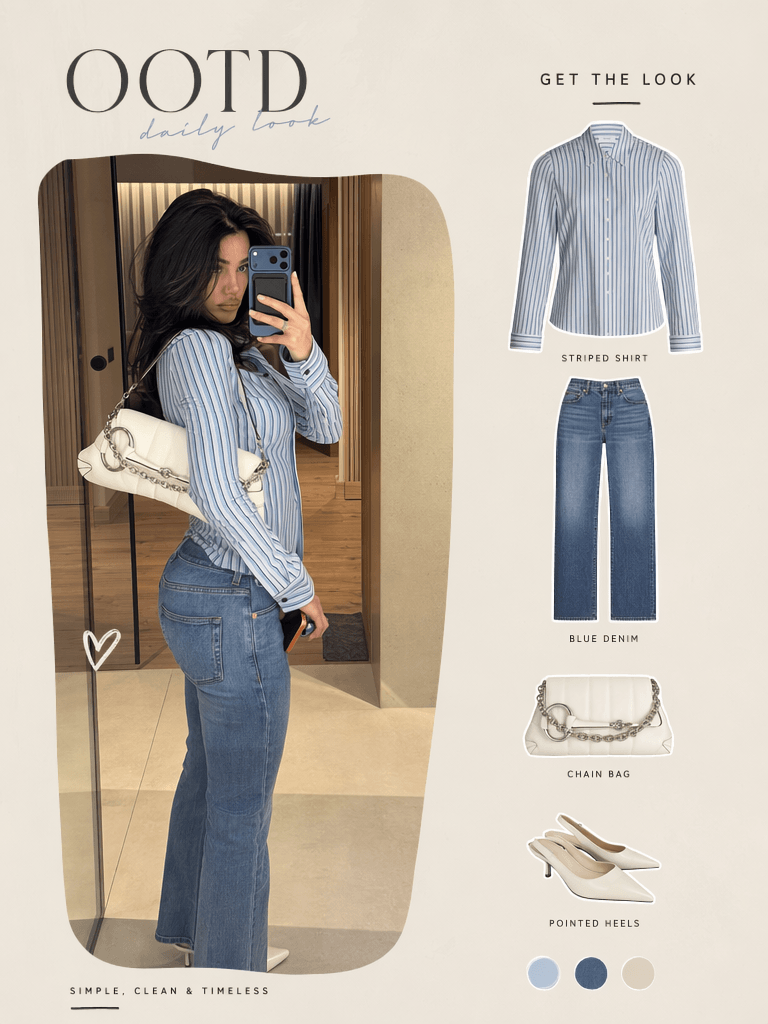 小红书3 – WeShop AI Blog AI-generated OOTD cover image with a clean magazine-style layout, showing the fashion blogger and separated outfit items including a striped shirt, blue denim jeans, white chain bag, and pointed heels.