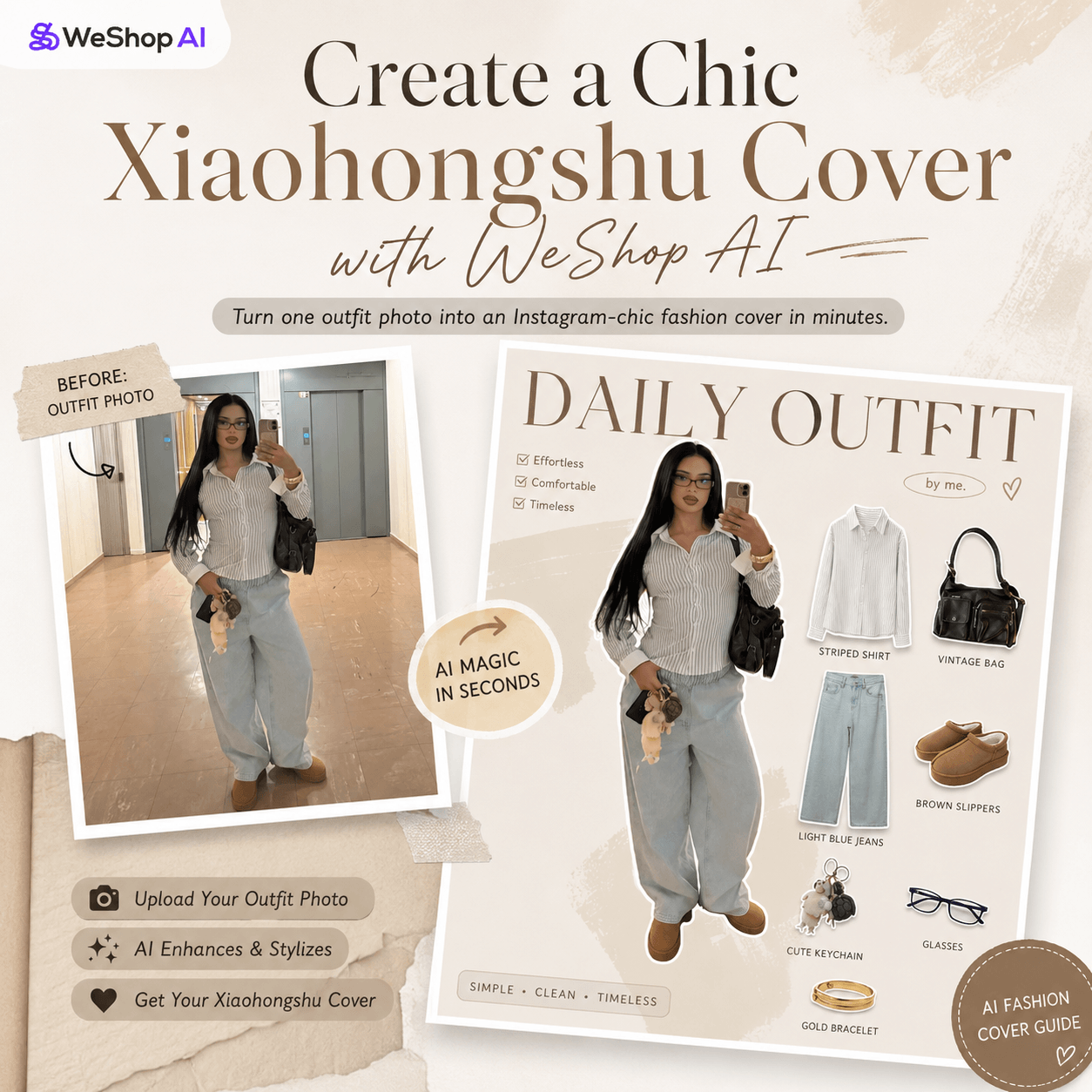 A WeShop AI blog hero image showing a before-and-after outfit photo transformation into a chic Xiaohongshu cover image with separated fashion items and an Instagram-style layout.