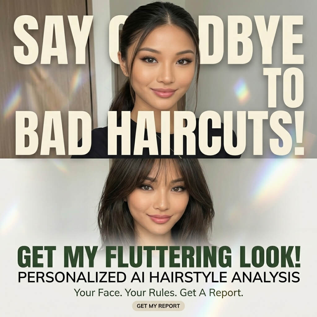 A before and after image of a woman using a personalized AI hairstyle analysis report to find a flattering look and say goodbye to bad haircut.