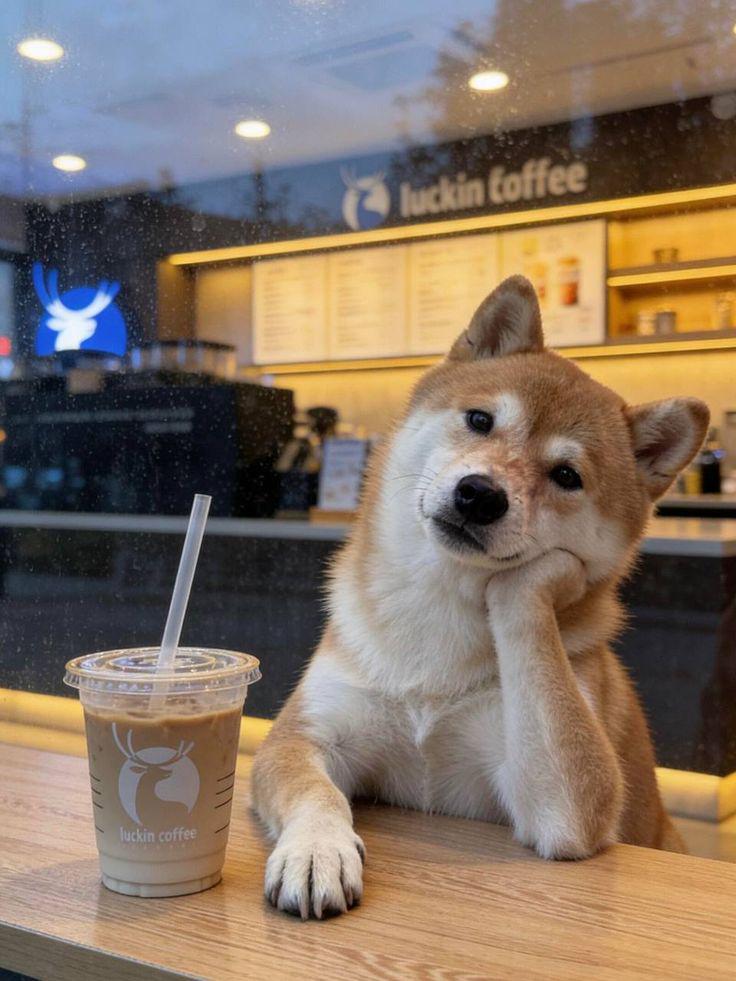 托腮 – WeShop AI Blog A Shiba Inu sitting at a coffee shop table with an iced coffee, created as a lifestyle pet image for animation.