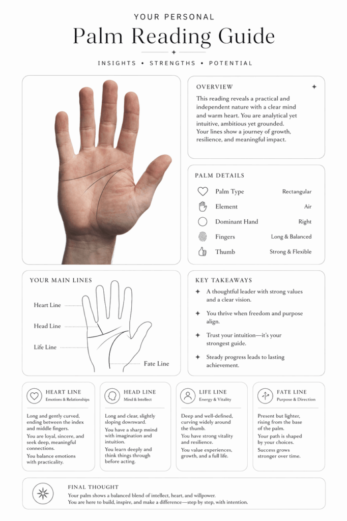 掌纹2 – WeShop AI Blog A clear palm photo transformed into a clean, minimal palm reading report.