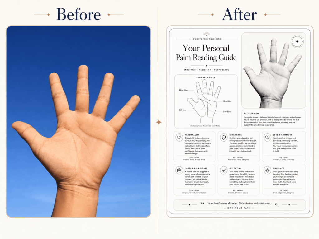 掌纹r – WeShop AI Blog A side-by-side comparison of the original palm photo and the final AI-generated guide.