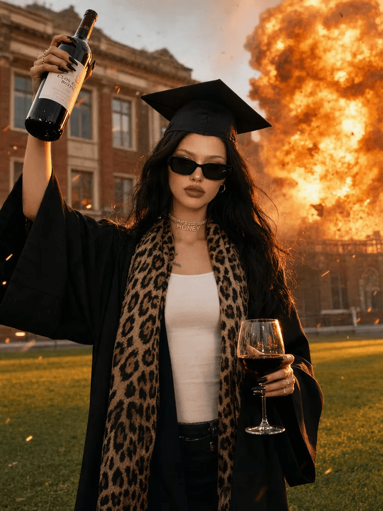 毕业2 – WeShop AI Blog AI graduation photo of a woman in a black graduation gown and sunglasses holding wine in front of a fiery campus explosion.