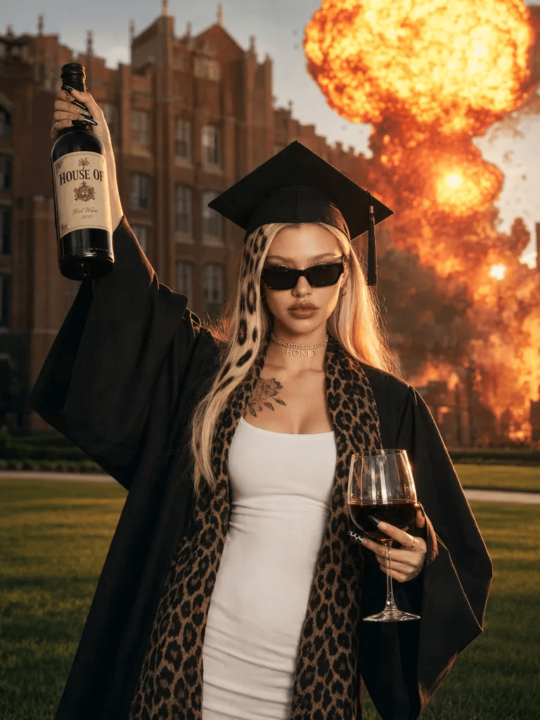 毕业3 – WeShop AI Blog AI graduation photo showing a blonde graduate in sunglasses raising a wine bottle while a huge fireball rises behind a red-brick school building.