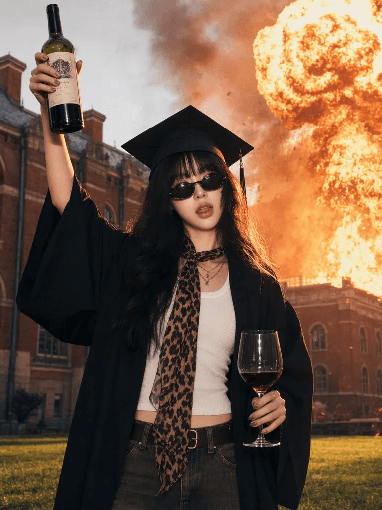 毕业5 – WeShop AI Blog AI graduation photo of a dark-haired graduate wearing a black gown, leopard scarf, and sunglasses with a dramatic explosion behind her.