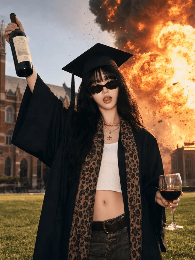 毕业6 – WeShop AI Blog AI graduation photo of a woman holding a wine bottle and glass on a campus lawn with a cinematic fireball in the background.