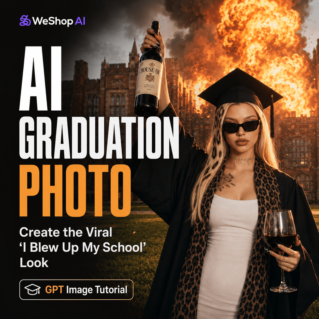 Blog cover image for an AI graduation photo tutorial, featuring a stylish graduate in a black gown holding wine in front of a dramatic campus explosion.