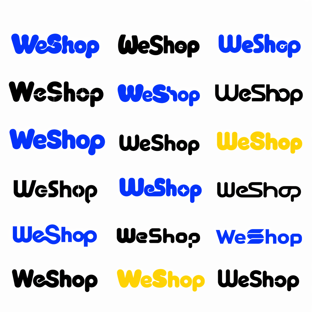 A grid of WeShop wordmark logo variations in blue, black, and yellow, showing rounded custom typography styles created for logo exploration