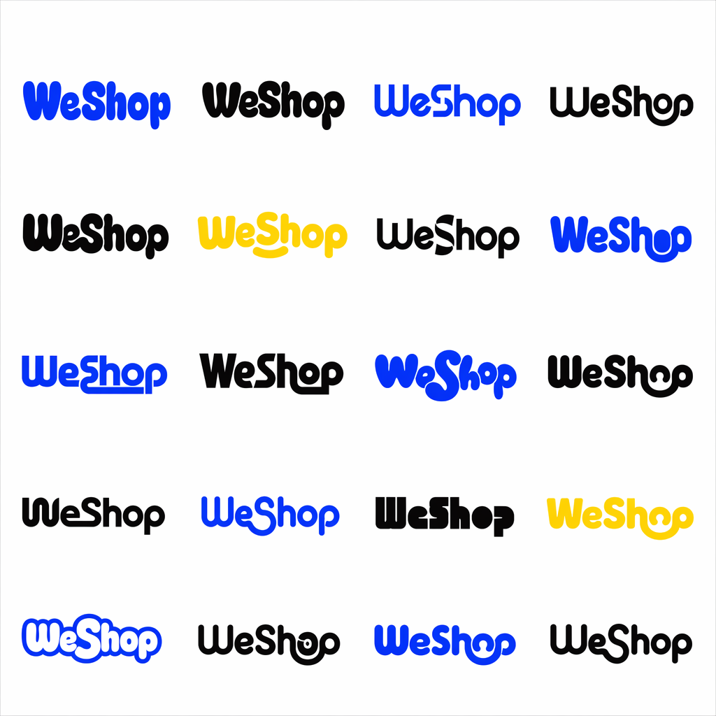 A second grid of WeShop wordmark logo concepts featuring playful lettering, bold shapes, and modern typography treatments.
