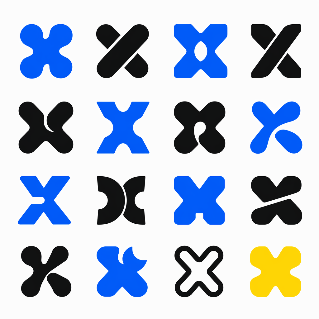 A grid of abstract rounded X-shaped logo symbols in cobalt blue, black, and yellow, showing playful geometric brand mark explorations.