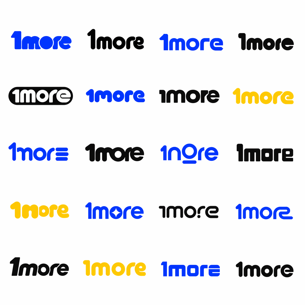 A grid of 1more wordmark logo variations using bold rounded lettering, geometric forms, and high-contrast blue, black, and yellow colors.