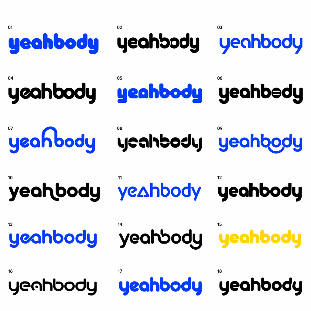A grid of yeahbody wordmark logo concepts with custom rounded lettering, playful shapes, and blue, black, and yellow color options.