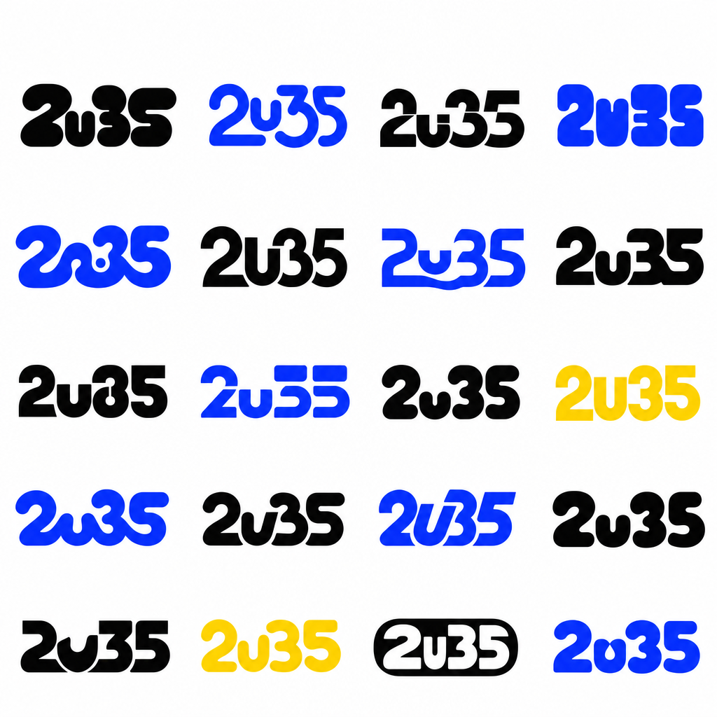A grid of 2u35 wordmark logo variations featuring bold experimental typography, rounded forms, and modern blue, black, and yellow color treatments.