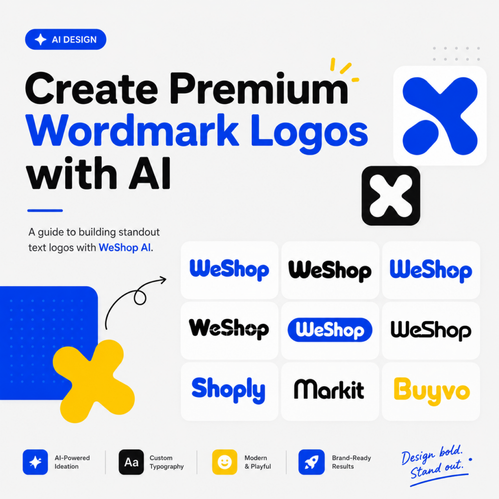 Blog hero image showing AI-generated wordmark logo concepts, custom typography examples, and abstract logo shapes for creating premium text logos with WeShop AI.