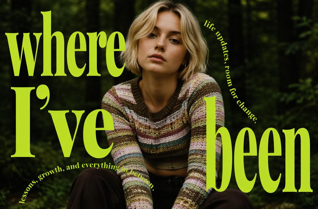 Lifestyle YouTube intro example with a woman in a forest, oversized green typography, and editorial-style text layout.