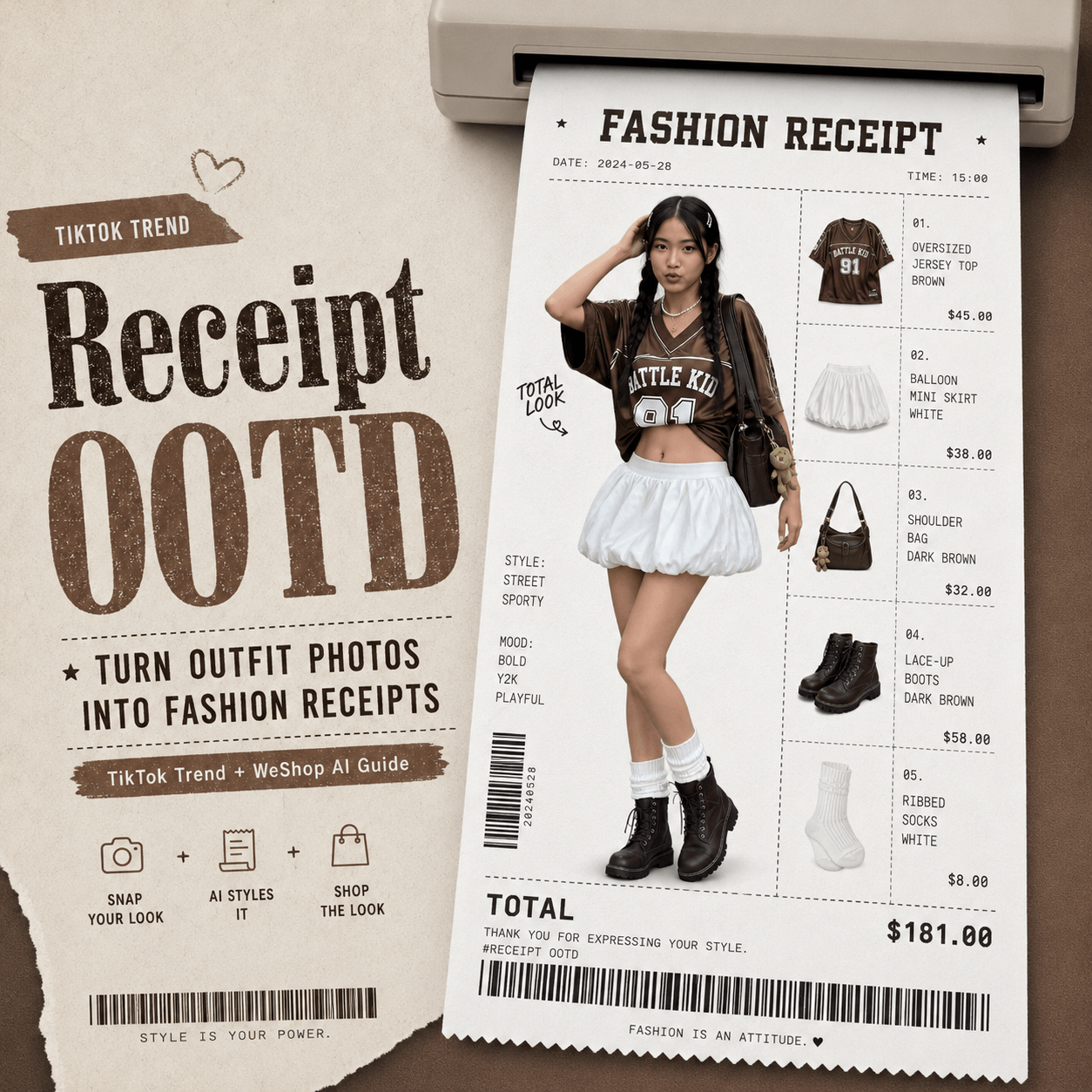 Receipt OOTD blog hero image showing a fashion receipt layout with a brown jersey outfit, itemized clothing list, barcode, prices, and TikTok trend text.