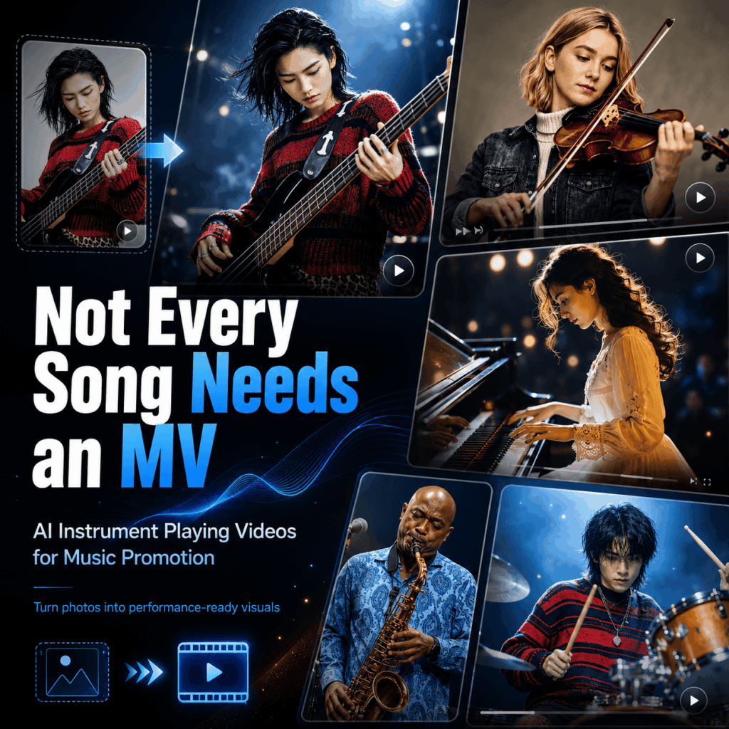 Not Every Song Needs an MV – WeShop AI Blog AI instrument playing video collage showing musicians playing bass, violin, piano, saxophone, and drums for music promotion.
