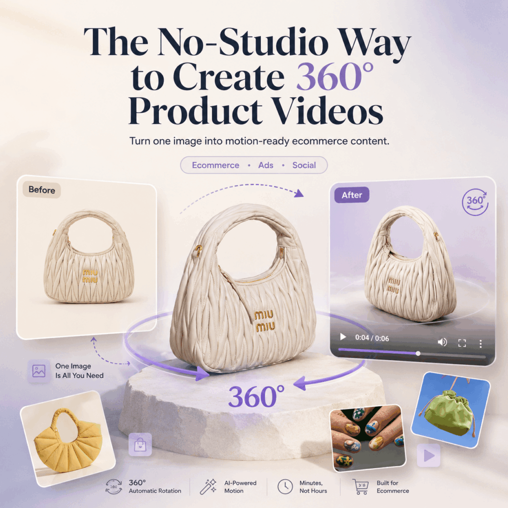 The No-Studio Way to Create 360° Product Videos – WeShop AI Blog AI 360 product video blog hero showing a handbag turning from one image into a 360° ecommerce video without a studio