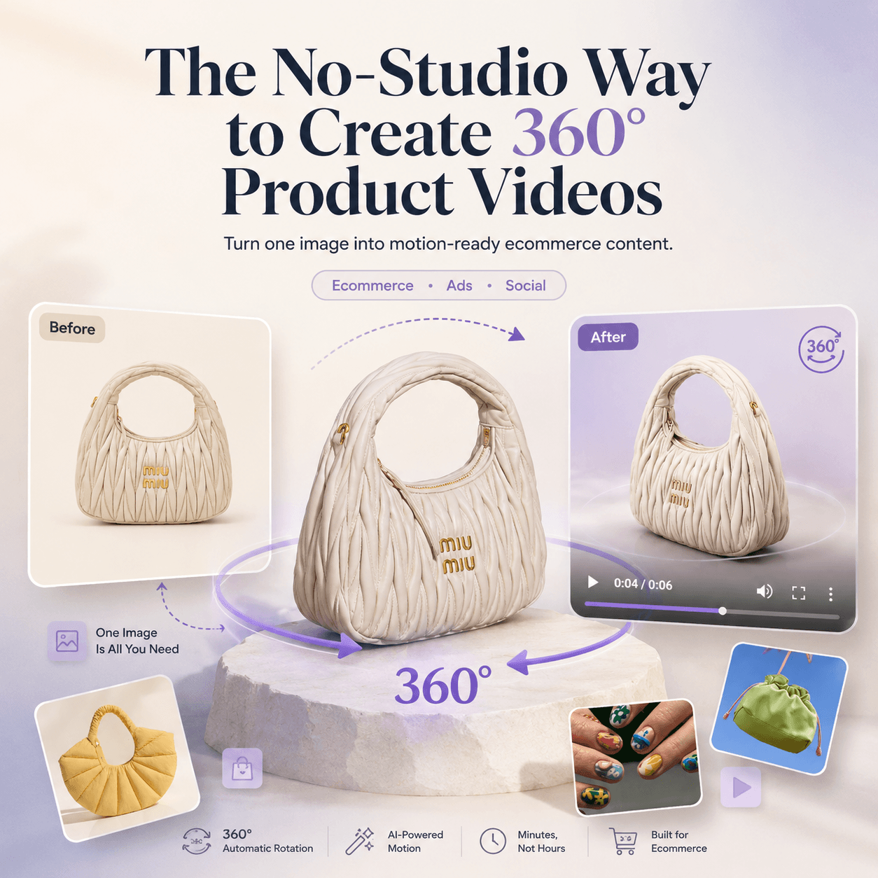 AI 360 product video blog hero showing a handbag turning from one image into a 360° ecommerce video without a studio