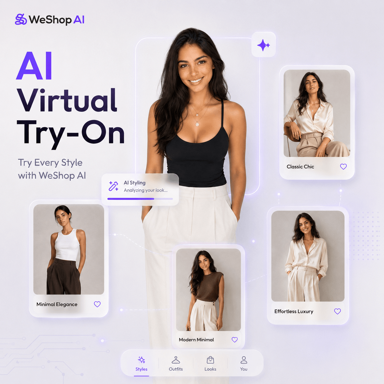 AI virtual try-on hero image showing a digital fashion model with multiple outfit style cards, created for a WeShop AI styling guide.