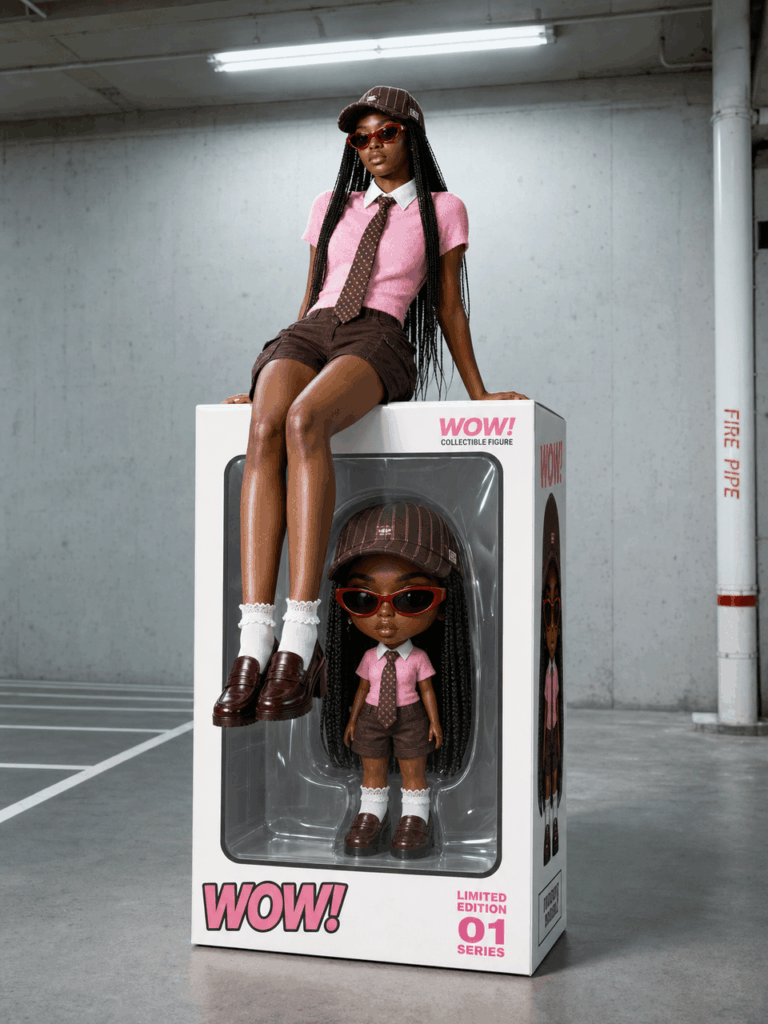 玩偶1 – WeShop AI Blog Stylish woman sitting on top of a giant collectible toy box with a matching chibi figure displayed inside the package.