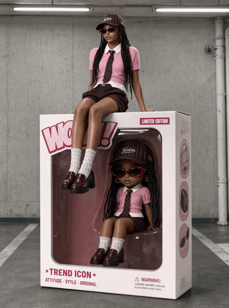 玩偶3 – WeShop AI Blog Fashion model sitting on a large designer toy package with a matching chibi collectible figure inside the display box.