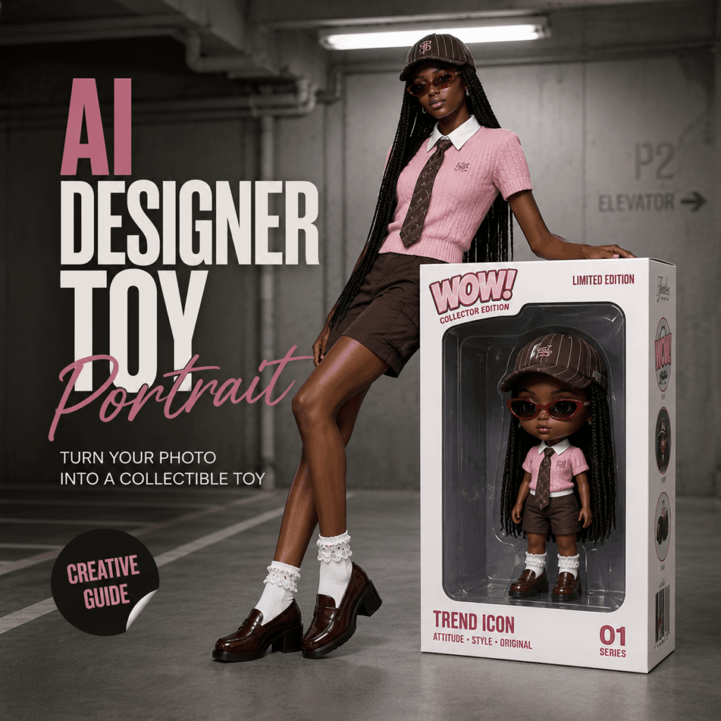 AI Designer Toy Portrait Blog Cover – WeShop AI Blog AI designer toy portrait blog cover showing a stylish woman beside a collectible toy box with a matching chibi figure inside.