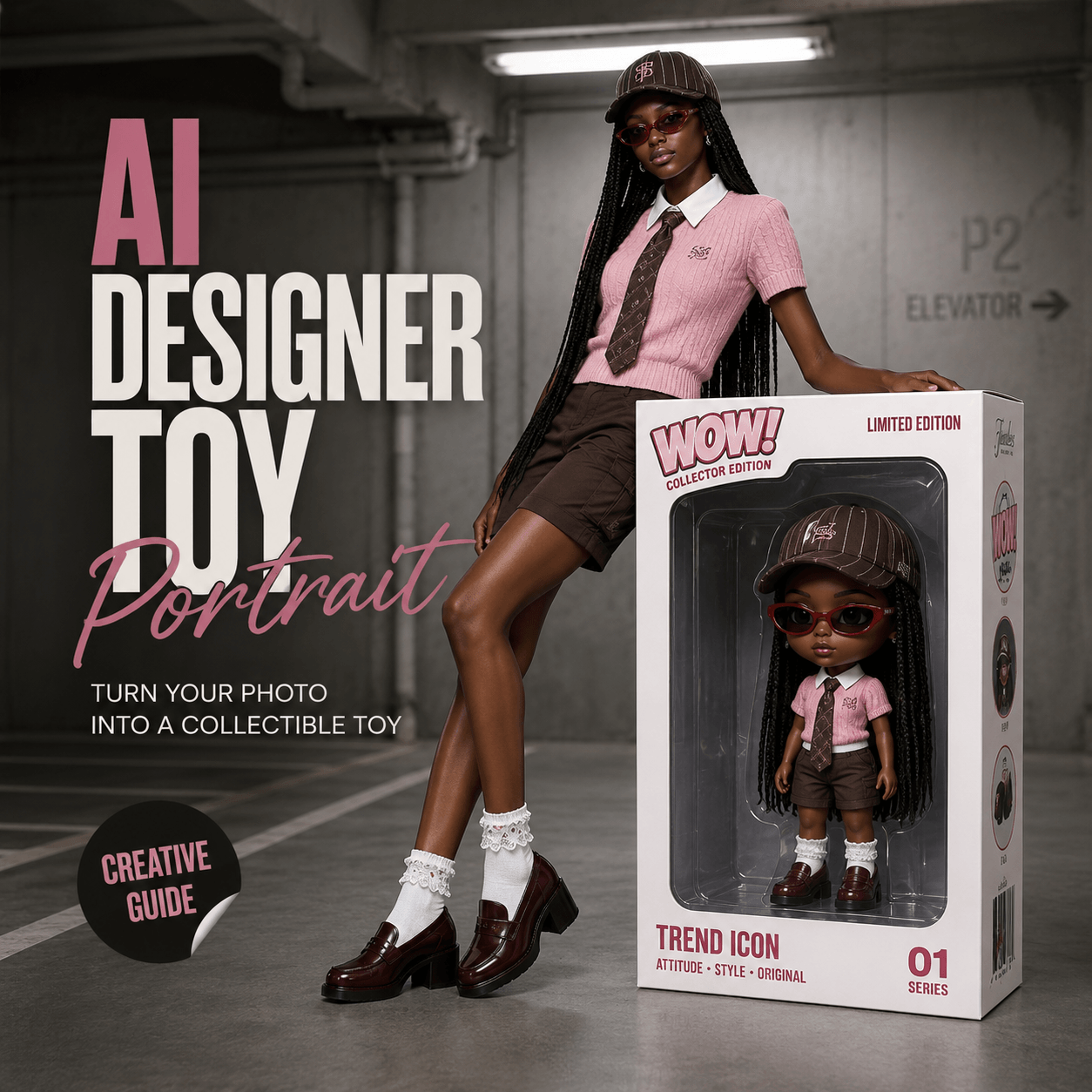 AI designer toy portrait blog cover showing a stylish woman beside a collectible toy box with a matching chibi figure inside.