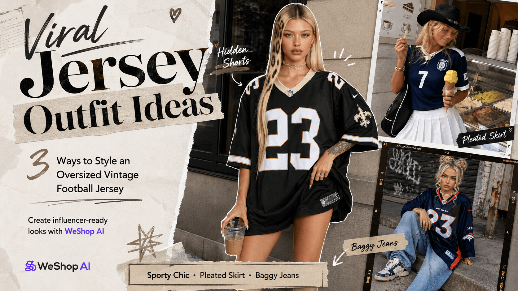 Viral jersey outfit ideas collage showing oversized football jersey looks styled with hidden shorts, pleated skirt, and baggy jeans using WeShop AI