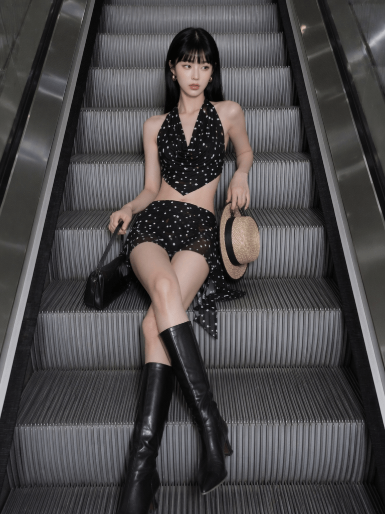 电梯1 – WeShop AI Blog AI fashion model on an escalator wearing a black polka dot outfit for a viral AI escalator video transition