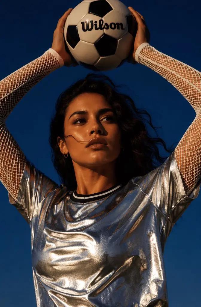 Clean modern portrait of a woman holding a soccer ball before applying a digital camera filter online.