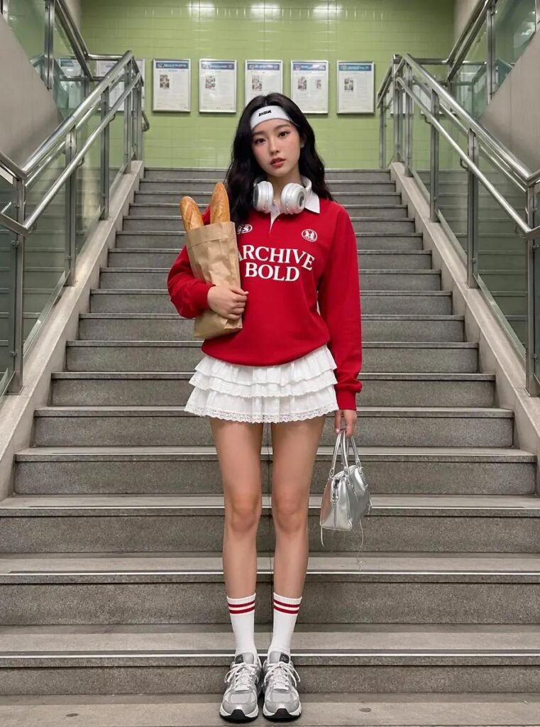 Clean fashion photo of a woman in a red sweatshirt and white skirt on subway stairs before applying a Y2K camera effect.