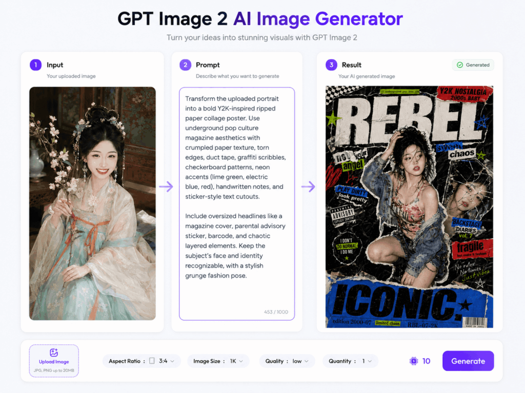 Weshop AI workflow showing uploaded image, Y2K AI poster prompt, and generated poster result side by side
