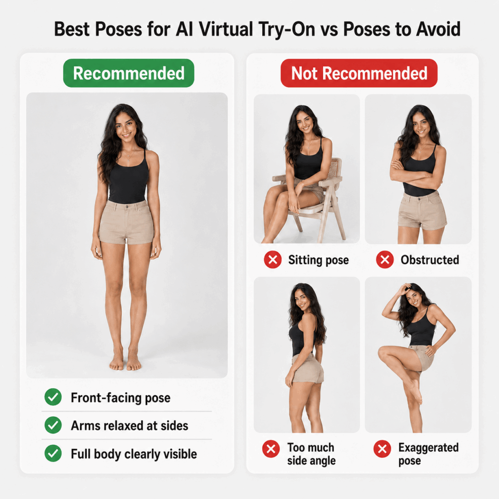 Comparison infographic showing recommended and not recommended poses for AI virtual try-on, including a front-facing full-body pose and poses to avoid such as sitting, obstruction, side angles, and exaggerated movement.