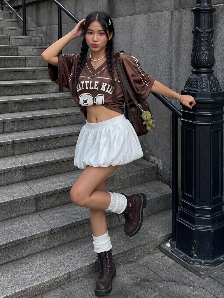 穿搭1 – WeShop AI Blog Full-body OOTD photo of a young woman wearing a brown cropped jersey top, white balloon mini skirt, white socks, brown lace-up boots, and a brown shoulder bag.