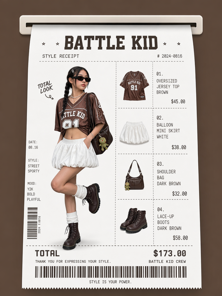 穿搭2 – WeShop AI Blog Receipt OOTD design featuring a brown Battle Kid jersey outfit with a white balloon mini skirt, brown shoulder bag, lace-up boots, itemized prices, and barcode details.