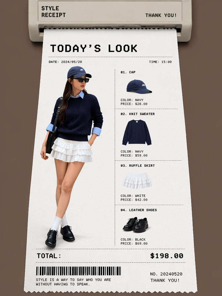 穿搭3 – WeShop AI Blog Fashion receipt outfit layout titled Today’s Look, showing a navy cap, knit sweater, white ruffle skirt, black leather shoes, product details, and total price.