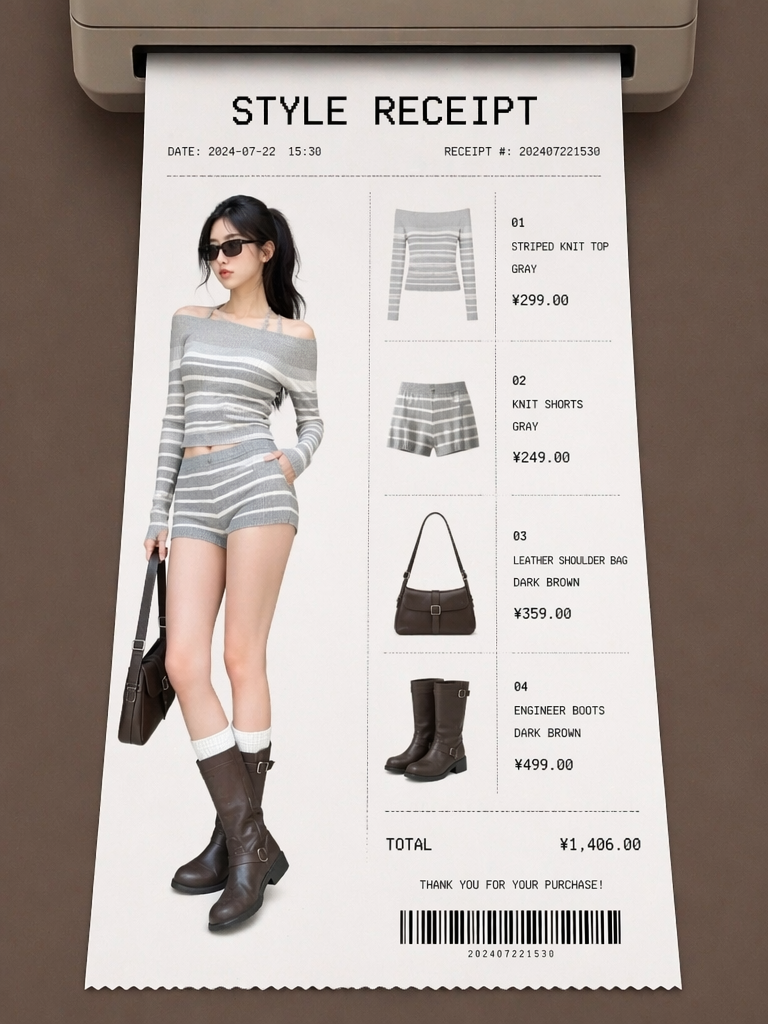穿搭4 – WeShop AI Blog Style Receipt OOTD featuring a model in a grey striped knit outfit with matching shorts, brown shoulder bag, engineer boots, itemized product list, and total price.