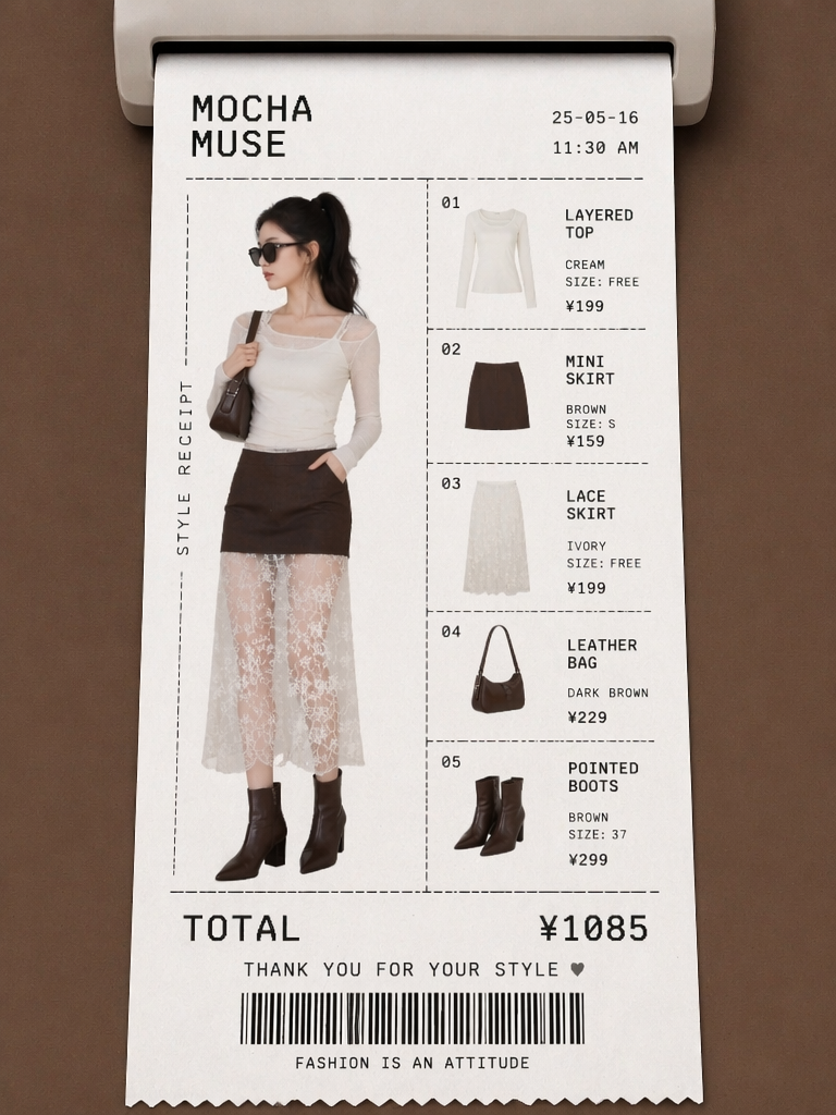 穿搭5 – WeShop AI Blog Mocha Muse Receipt OOTD showing a layered cream top, brown mini skirt, lace skirt, leather bag, pointed boots, itemized product details, and total price.