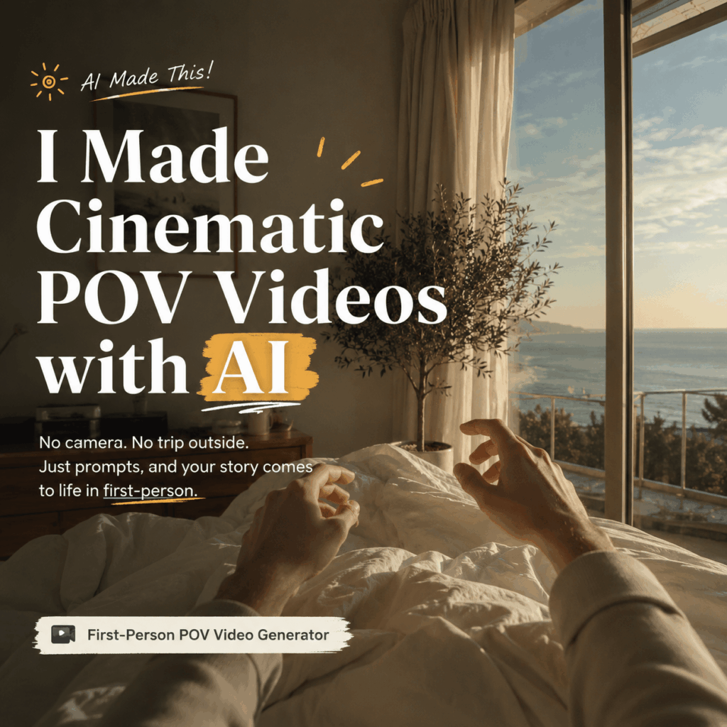 Cinematic First-Person POV Videos with AI – WeShop AI Blog First-person POV video generator concept showing hands in bed facing a sunny ocean view with text about making cinematic POV videos with AI.