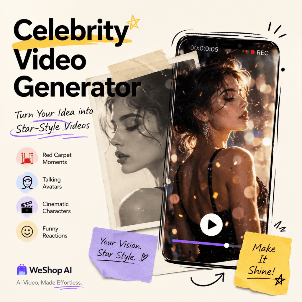 Celebrity Video Generator Creative Cover – WeShop AI Blog Celebrity Video Generator blog cover showing a portrait transformed into a star-style AI video on a mobile screen
