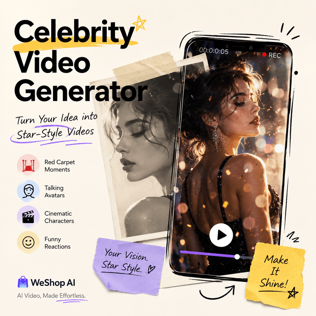 Celebrity Video Generator blog cover showing a portrait transformed into a star-style AI video on a mobile screen