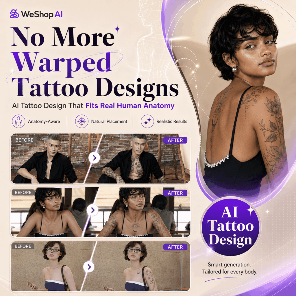 No More Warped Tattoo Designs with AI – WeShop AI Blog WeShop AI blog hero image featuring before-and-after AI tattoo design examples, anatomy-aware tattoo placement, and realistic body-fit tattoo results.