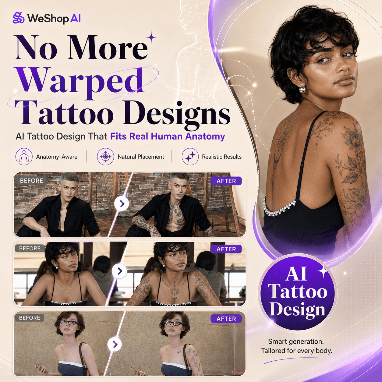 WeShop AI blog hero image featuring before-and-after AI tattoo design examples, anatomy-aware tattoo placement, and realistic body-fit tattoo results.