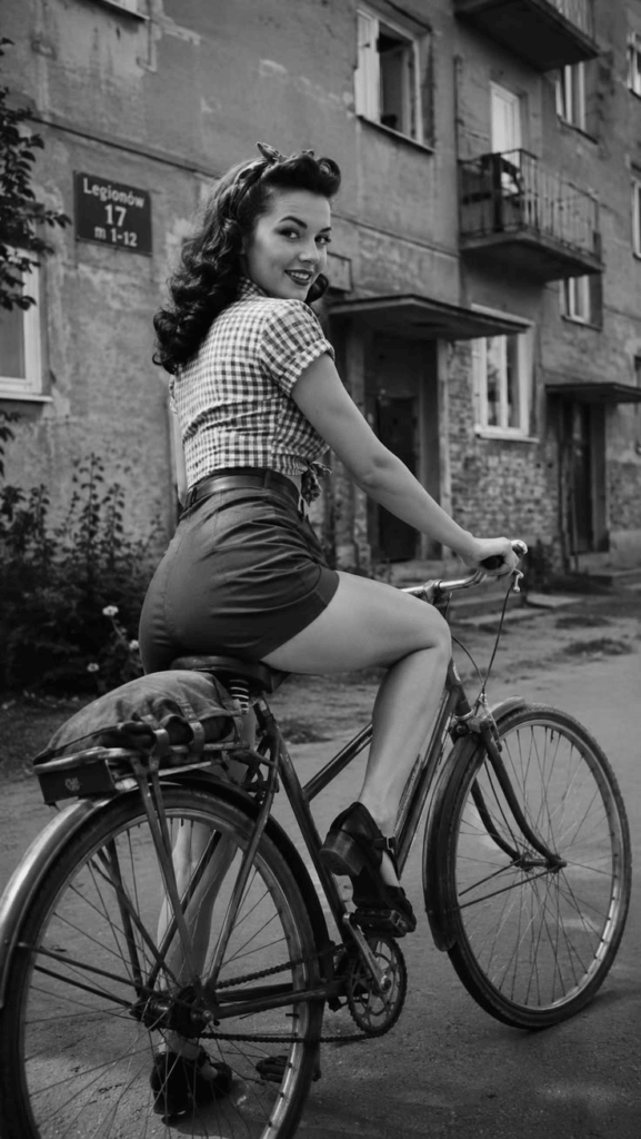 Black-and-white vintage photo of a woman on a bicycle before AI old photo restoration