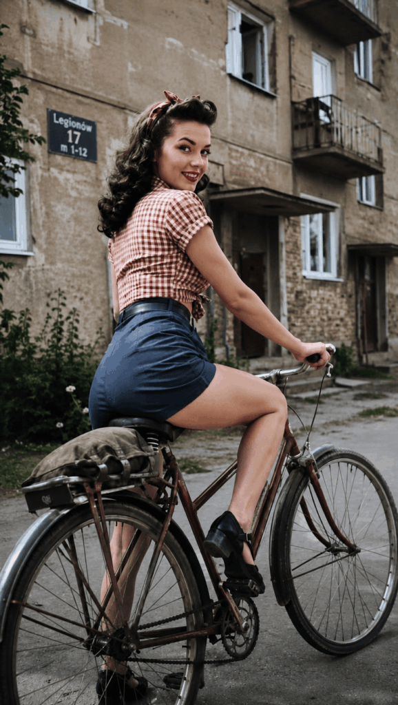 Colorized vintage photo of a woman on a bicycle after AI old photo restoration