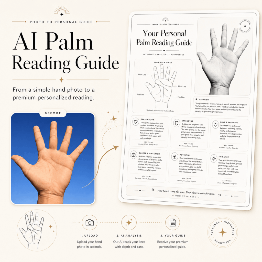 AI Palm Reading Guide – WeShop AI Blog A premium visual showing how a simple hand photo becomes a personalized AI palm reading guide.