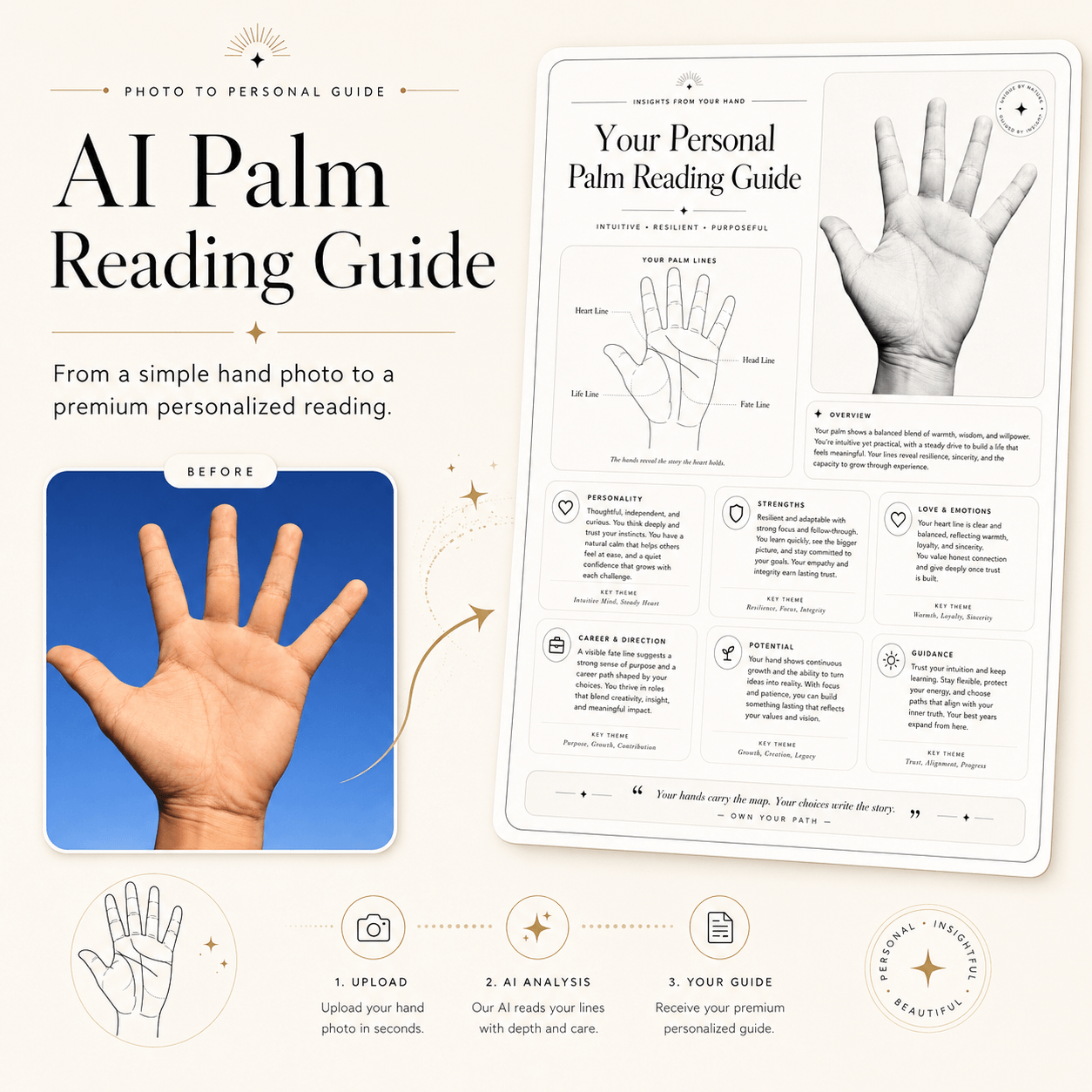 AI palm reading guide showing a hand photo transformed into a personalized palm reading report